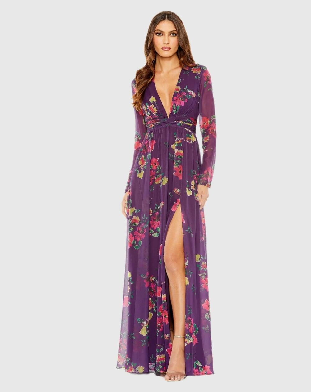 Mac Duggal Purple Long Sleeve Ruched Top Plunge Neck Gown Size 4